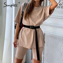 Load image into Gallery viewer, Simplee Casual solid outfits women's two piece suit with belt Home loose sports tracksuits fashion leisure bicycle suit summer
