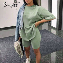 Load image into Gallery viewer, Simplee Casual solid outfits women's two piece suit with belt Home loose sports tracksuits fashion leisure bicycle suit summer
