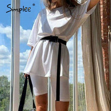 Load image into Gallery viewer, Simplee Casual solid outfits women's two piece suit with belt Home loose sports tracksuits fashion leisure bicycle suit summer
