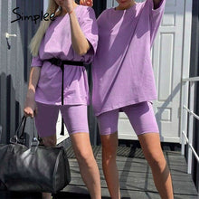 Load image into Gallery viewer, Simplee Casual solid outfits women's two piece suit with belt Home loose sports tracksuits fashion leisure bicycle suit summer
